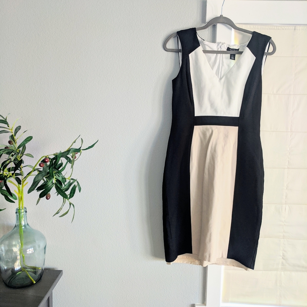 White House Black Market Black, White & Beige Colorblock Sheath Dress